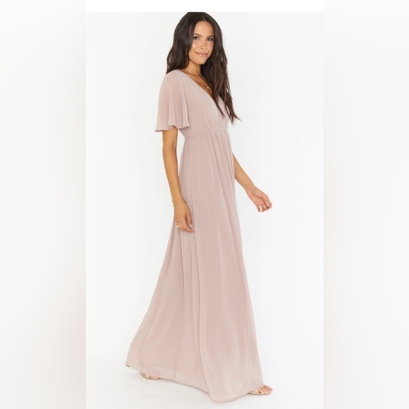 Show me your MUMU Emily Empire Maxi Dress in soft beige chiffon NWT Size Small - Picture 2 of 8